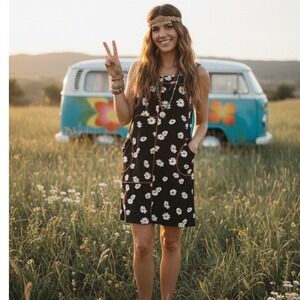 Zoe Women's Dress M Daisy Floral Black 70s Flower Power Woodstock Festival